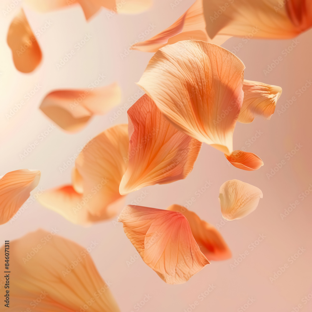 multiple peach-colored petals floating in a soft-focus, light peach-colored background - dynamic and delicate beauty illustration multiple peach-colored petals floating in a soft-focus, light peach-colored background - dynamic and delicate beauty illustration