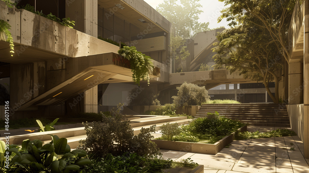 Fototapeta premium Futuristic brutalist garden courtyard with lush plants and concrete architecture