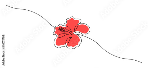 Hibiscus flower in one continuous line drawing. Floral abstract symbol in simple linear style. Organic red herbal tea concept in editable stroke. Doodle outline vector illustration