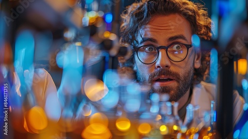 A male scientist in protective eyewear looks amazed amid colorful laboratory glassware and vibrant lighting