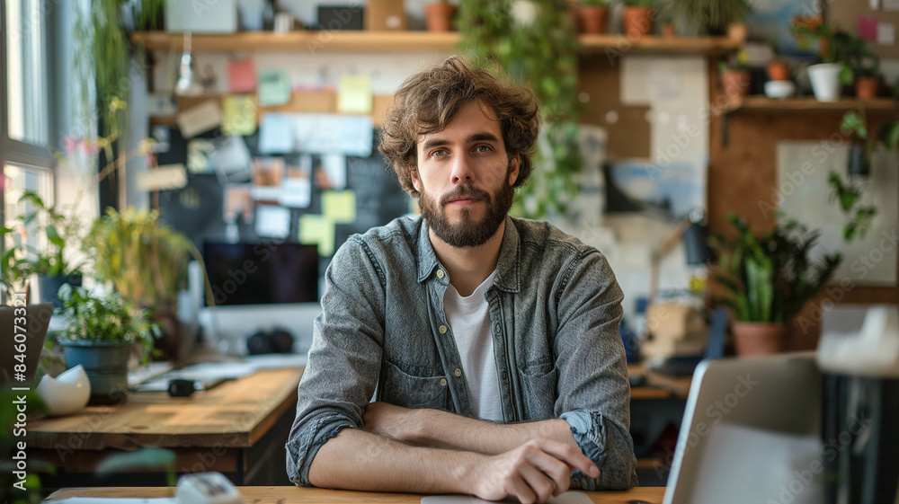 Portrait of a young man with curly hair and a beard, sitting confidently with crossed arms in a modern home office, surrounded by plants and creative decor, reflecting a focused and determined express