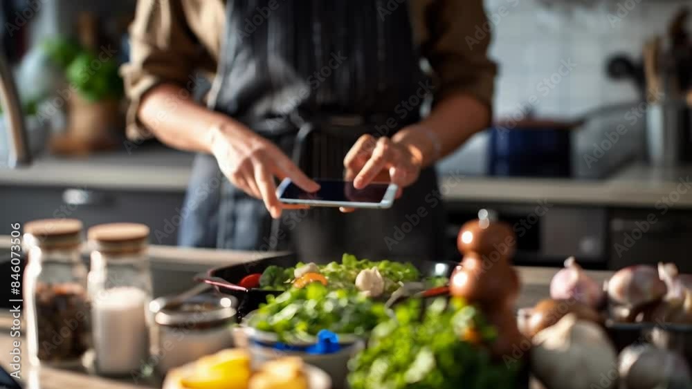 Home chef preparing a meal in a modern kitchen, using a smartphone for recipe guidance. Fresh ingredients, including meat, cherry tomatoes, and spices, are neatly arranged on the counter. Home chef preparing a meal in a modern kitchen, using a smartphone for recipe guidance. Fresh ingredients, including meat, cherry tomatoes, and spices, are neatly arranged on the counter.
