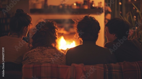 A group of four individuals all with backs to the camera gathered around a dimlylit fireplace. heads are slightly tilted . . photo