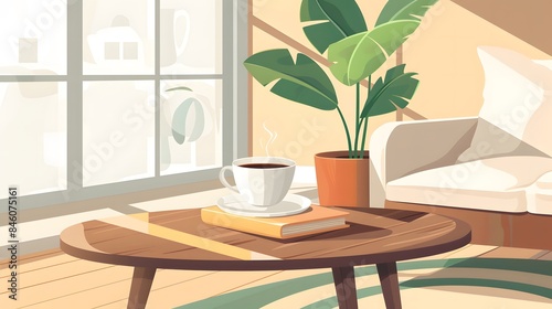 A vector depicting interior design furniture and decor, including a wooden coffee table with a cup of coffee or hot tea and a book, styled for a living room or bedroom in a flat style