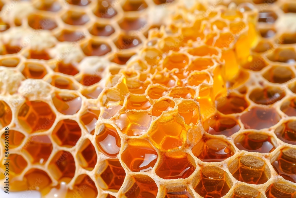 Detailed view of golden honey filling the delicate and intricate honeycomb cells Detailed view of golden honey filling the delicate and intricate honeycomb cells