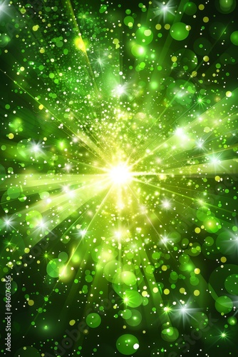 Abstract green light burst on dark background with sparkling rays and golden green illumination