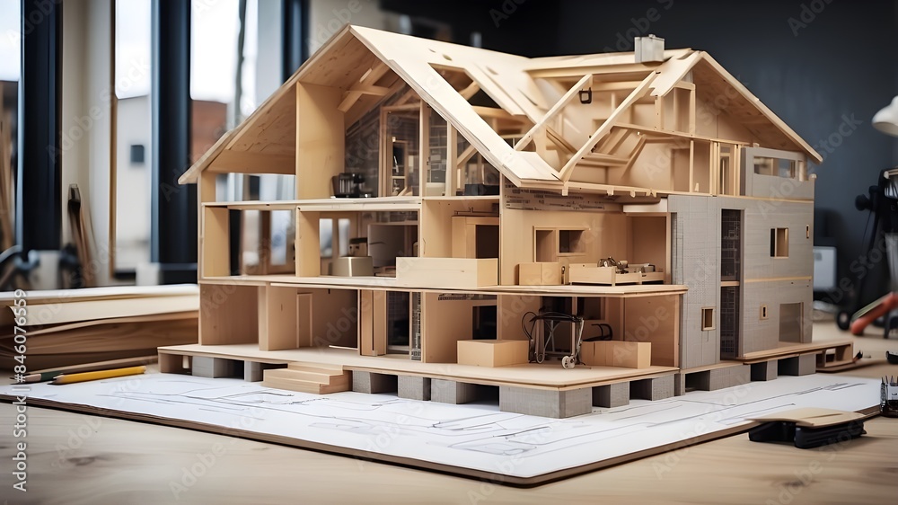 Obraz premium Building project: building a house according to plans. Artificial Intelligence