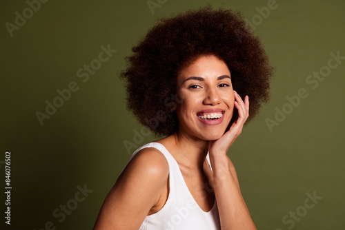 No filter photo of dreamy shiny lady underwear lingerie enjoying girls power isolated khaki color background