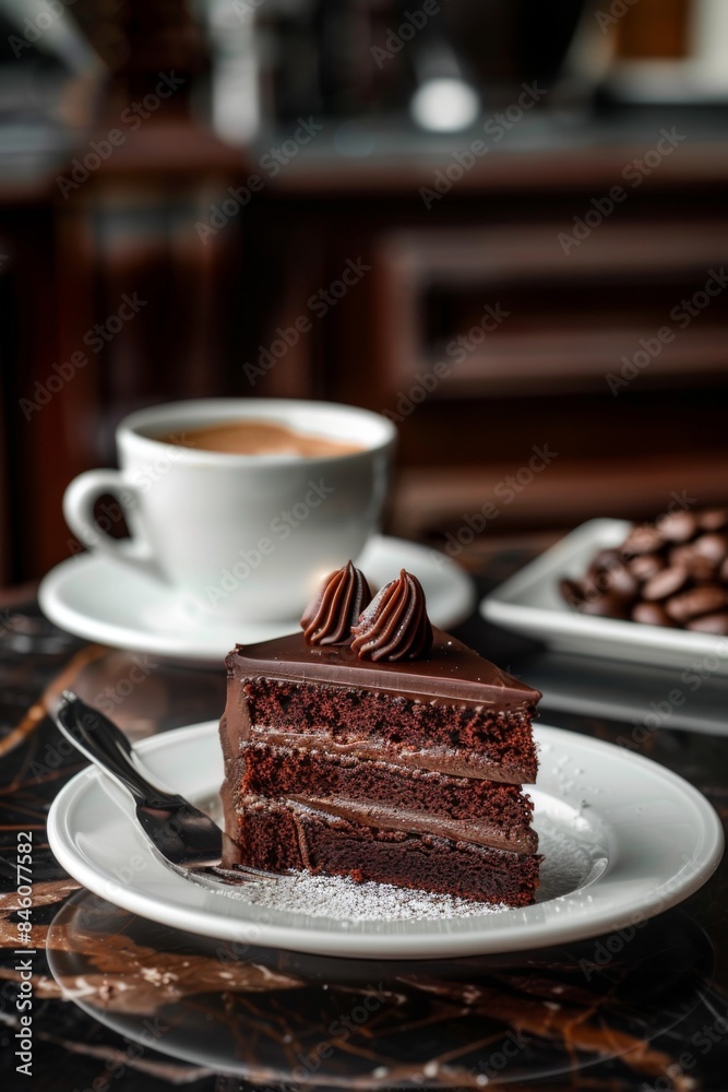 Piece of chocolate cake with a cup of coffee on table. Piece of chocolate cake with a cup of coffee on table.