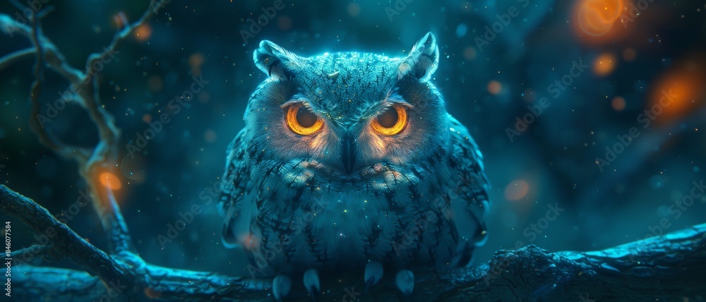 A blue owl with glowing eyes perched on a branch in a dark forest. A blue owl with glowing eyes perched on a branch in a dark forest.