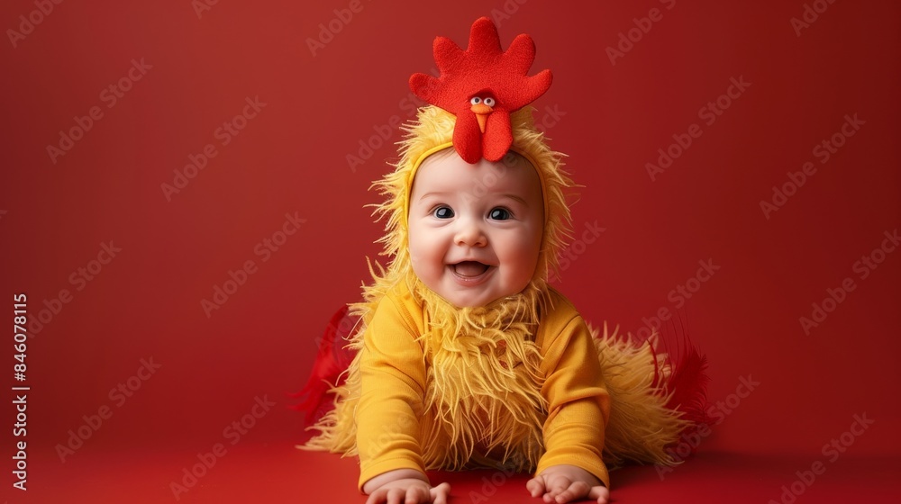 A happy baby dressed in a yellow chicken costume, smiling on a red background. A happy baby dressed in a yellow chicken costume, smiling on a red background.