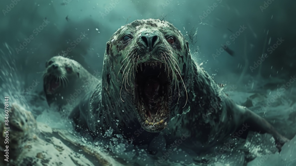 Obraz premium A horrifying, undead seal with glowing eyes emerges from the murky water, its jaws agape in a bloodcurdling roar.