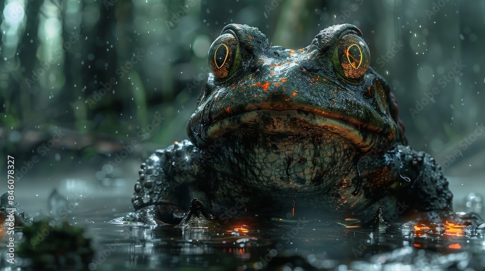 A large, green frog with bulging eyes sits in a swamp, its skin glistening with water droplets A large, green frog with bulging eyes sits in a swamp, its skin glistening with water droplets