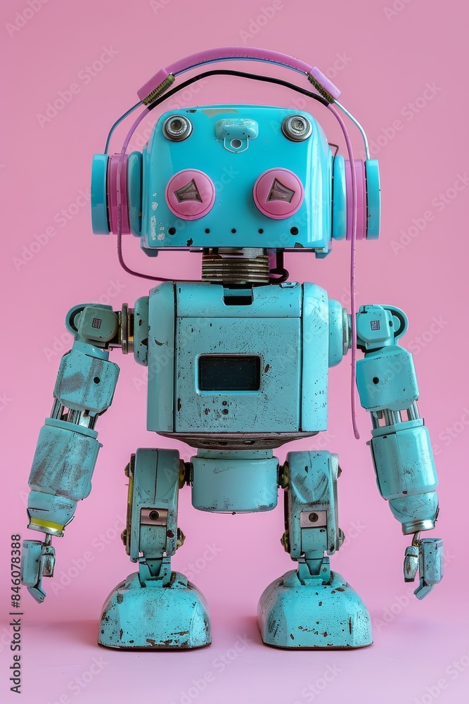 Adorable robot with headphones on pastel backdrop for text, cute music theme poster design Adorable robot with headphones on pastel backdrop for text, cute music theme poster design