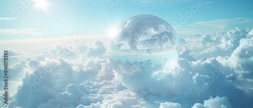 A luminous globe emerges from a sea of fluffy white clouds in a serene blue sky. photo
