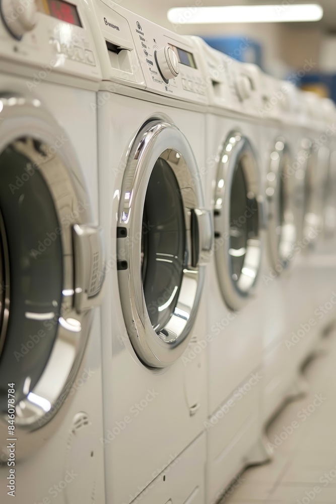Poster displaying row of washing machines with ample space for text placement at the bottom Poster displaying row of washing machines with ample space for text placement at the bottom