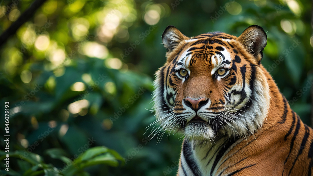 Fototapeta premium The fierce glare of a tiger stands out against the lush green bokeh