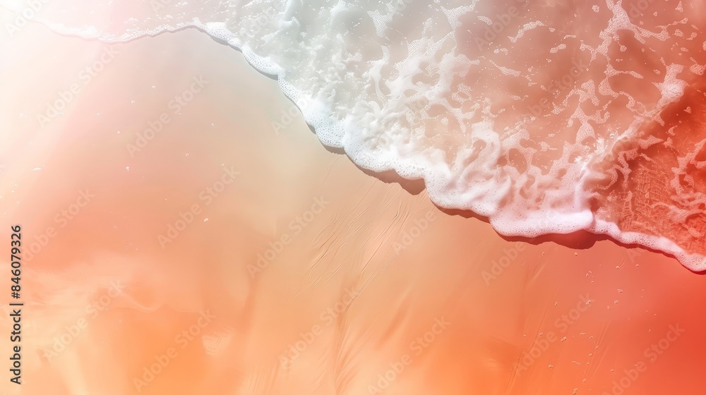 Fototapeta premium A wave crashing on a sandy beach, seen from above. The water is a vibrant turquoise and the sand is a warm beige. The sun is shining brightly, casting a warm glow on the scene.