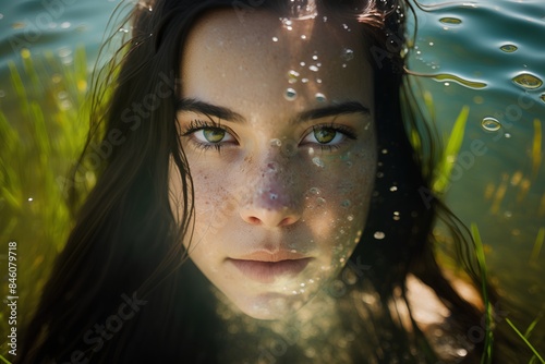 Portrait of a beautiful young woman with green eyes and wet hair in water. photo
