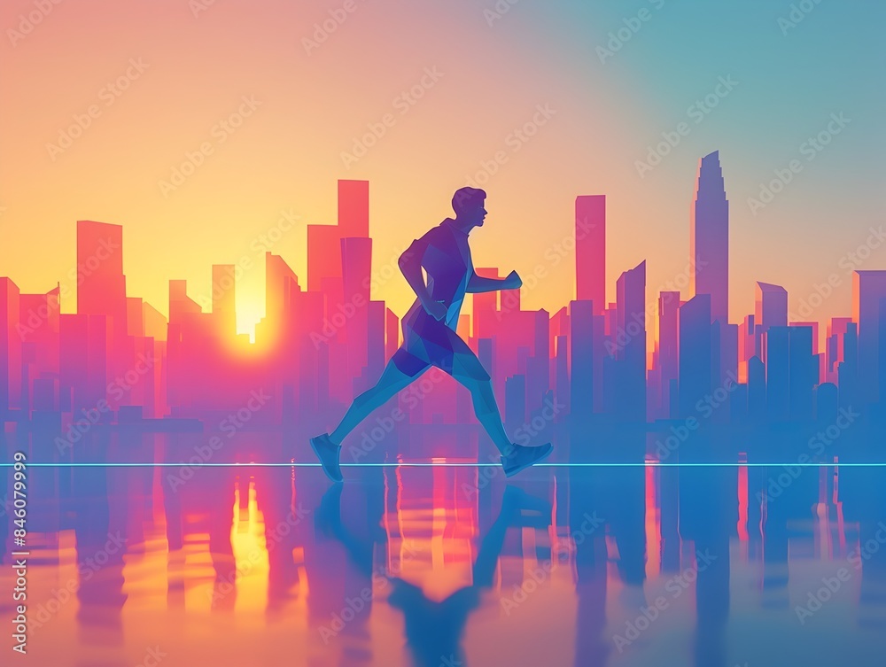 Stylized Geometric Jogger Silhouette Against Abstract Urban Skyline Backdrop Stylized Geometric Jogger Silhouette Against Abstract Urban Skyline Backdrop