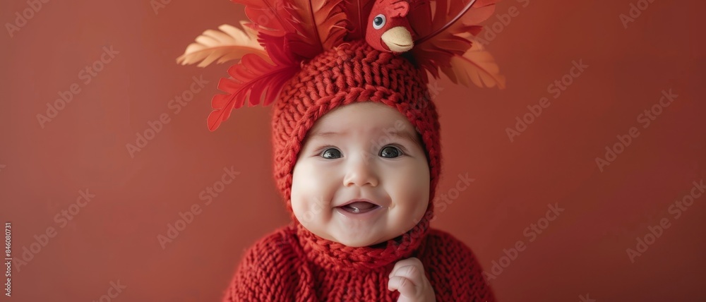 Smiling baby in a red knitted rooster costume. Smiling baby in a red knitted rooster costume.