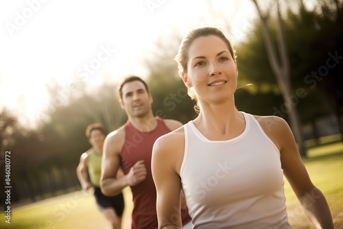 Young couple jogging in park on sunny day. Focus on woman
