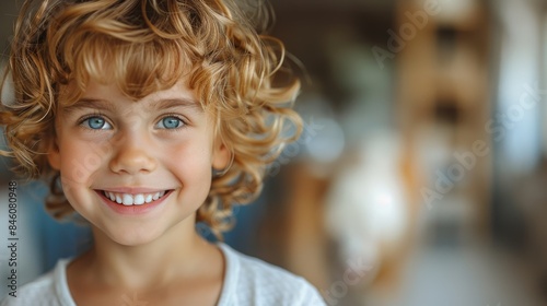 Cheerful young child with bright blue eyes and curly hair smiling, evoking joy and innocence photo