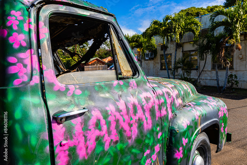 Tropical Flowers Painted on Old Truck in Old Hanapepe Town, Kauai, Hawaii, USA photo