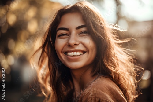 Portrait of a beautiful young woman with long curly hair smiling. © Ai