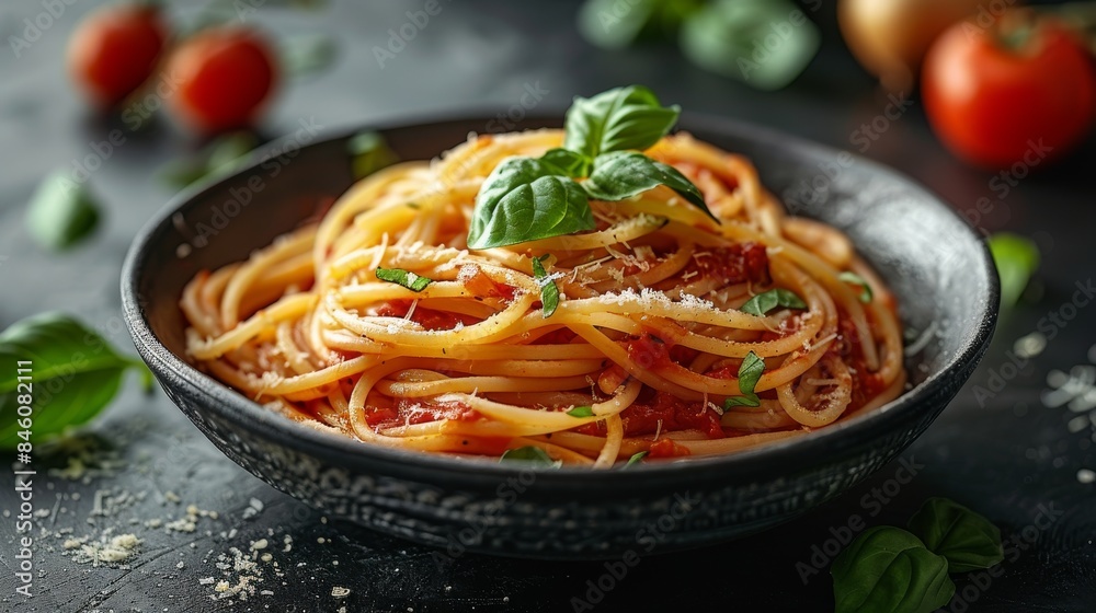 Elegantly presented spaghetti with basil garnish and tomato sauce, on a dark, textured background for a luxurious feel Elegantly presented spaghetti with basil garnish and tomato sauce, on a dark, textured background for a luxurious feel