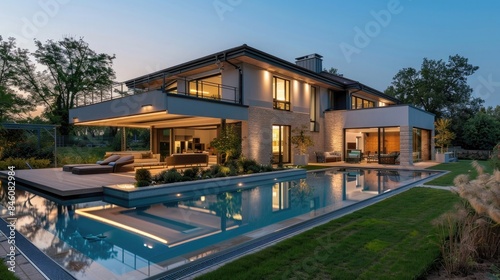 Big contemporary villa in light wood with pool and garden in the evening 3