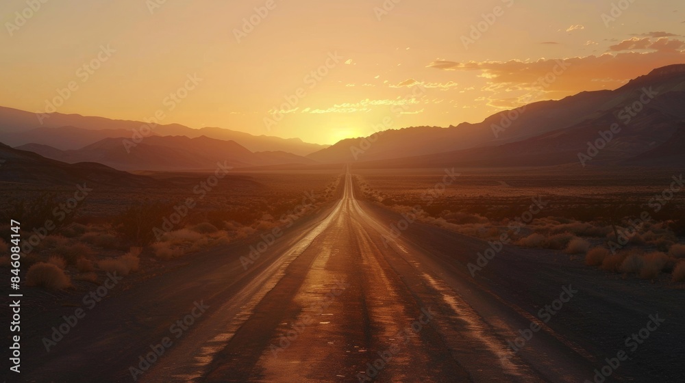 Fototapeta premium As the sun sets behind the distant mountains the desert landscape glows with warm hues of orange and pink. The road stretches ahead . AI generation.