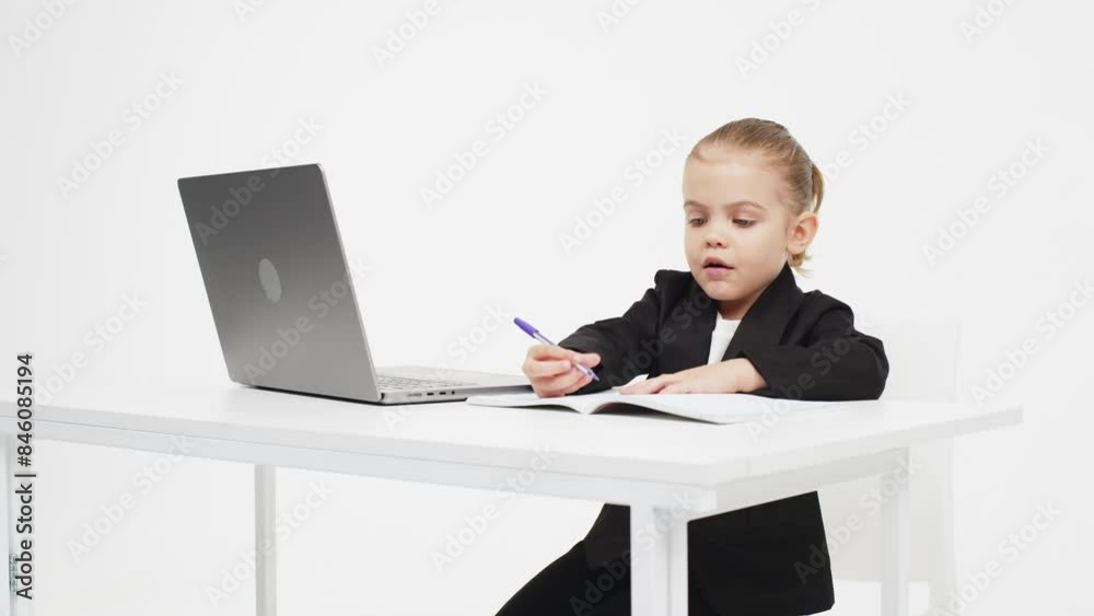 Close-up of a stylish business girl child studying at a laptop on an isolated white background. The concept of modern technology, business and education. Close-up of a stylish business girl child studying at a laptop on an isolated white background. The concept of modern technology, business and education.