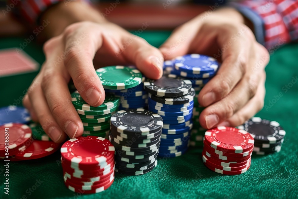 Man with chips on a green poker table Man with chips on a green poker table