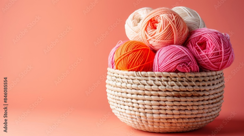 Image shows a wicker basket filled with colorful yarn. The background is pink. Image shows a wicker basket filled with colorful yarn. The background is pink.