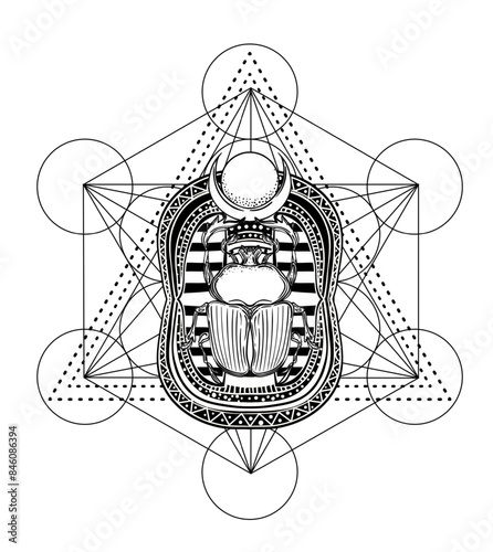 Sacred geometry with egypt symbol. Wings and all seeing eye. Alchemy, religion, spirituality, occultism. Isolated vector illustration. Conspiracy theory. Drawing tattoo art. Coloring book.