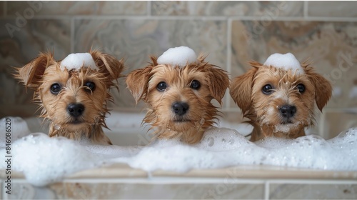 Adorable image of three young puppies peeking out playfully from a sudsy bath, with soap bubbles on their heads