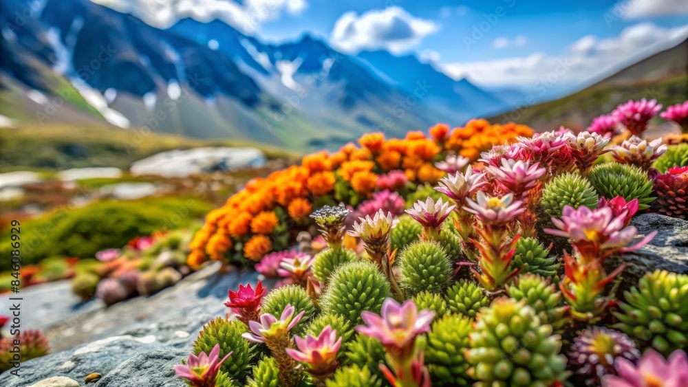 Fototapeta premium The hardy, alpine plants of an alpine garden, depicted in a close-up shot 