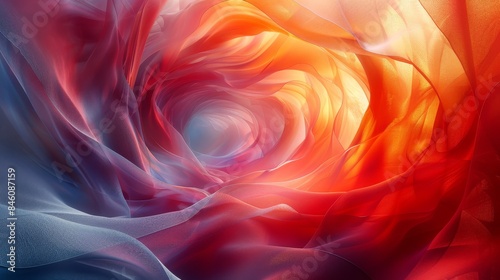 A digital abstract of swirling fabric textures in rich red, blue, and orange hues, expressing dynamic motion with a vivid color palette