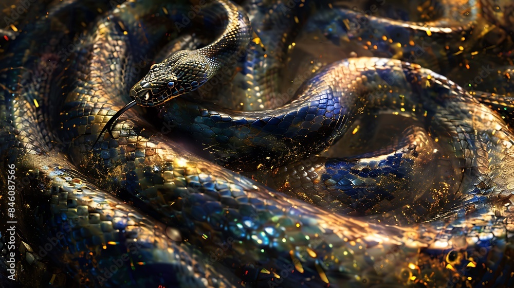 Snakes twist amid metallic fantasy backdrop Snakes twist amid metallic fantasy backdrop