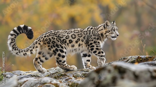 Snow leopard kitten with extended large tail walking on rocky surface in the forest