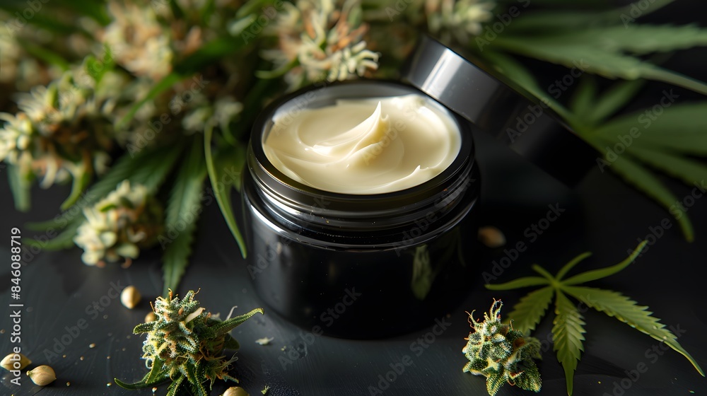Green cannabis plant and jar with a moisturizing cream Green cannabis plant and jar with a moisturizing cream