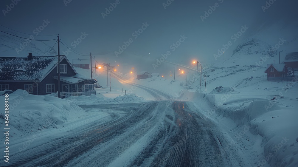 Arctic blizzard with snowdrifts and low visibility, depicting extreme cold weather.