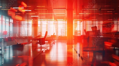 Stressful business background with blurred modern office with a red filter, generative AI photo