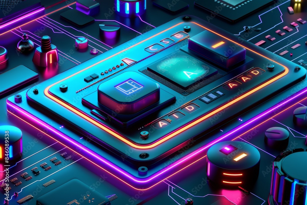 Obraz premium AI microchip with neon lights and futuristic digital patterns in a high tech circuit board 