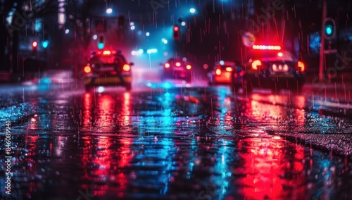 Rainy Night Cityscape with Blurry Red and Blue Lights © dalane