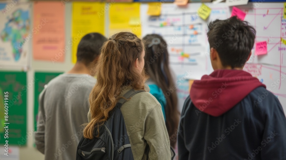 Obraz premium A group of high school students work collaboratively on a group project backs turned to the camera as they brainstorm ideas . .