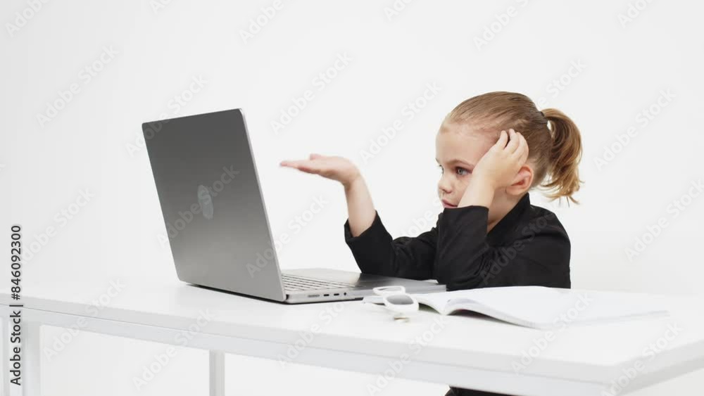 A business little girl on a light background works at a laptop. Business, style and technology concept. A business little girl on a light background works at a laptop. Business, style and technology concept.