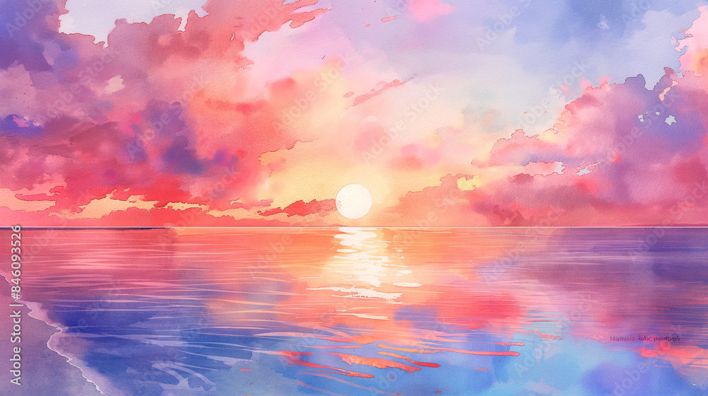 Watercolor sunset landscape, pink and blue hues, serene seascape, with copy space
Watercolor sunset landscape, pink and blue hues, serene seascape, with copy space
