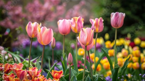 Lush spring garden brimming with colorful tulips and soft pastel blossoms in full bloom